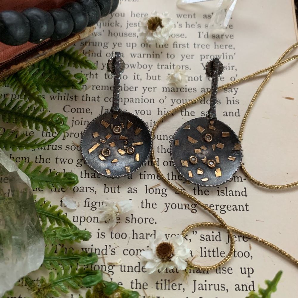Designer Artisan 18k Gold Diamond Oxidized Sterling Silver Disc Dangle Earrings - Picture 4 of 11